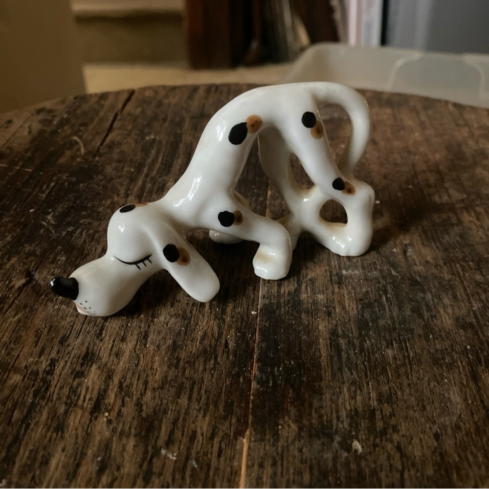 Antique Ceramic Dog Figurine - White with Black